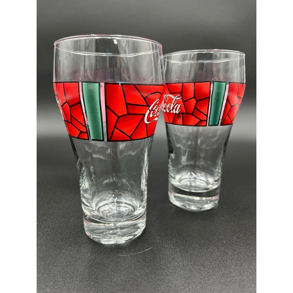 Vintage Coca Cola Stained Glass Set - Christmas Coke Glasses
